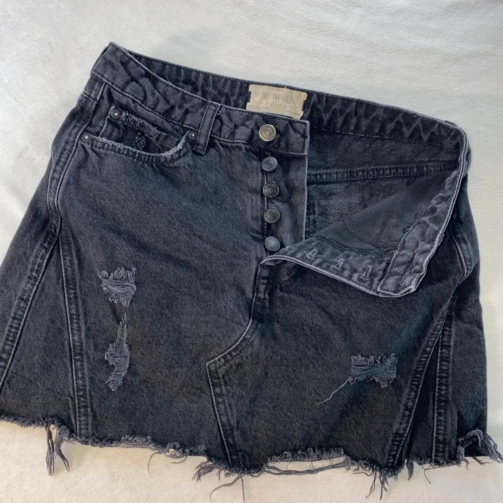 We The Free Denim Mini Skirt Sz 27 A Line Grunge Distressed Hem Black Button Fly